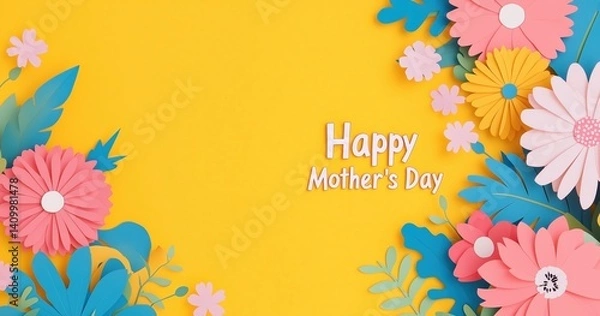 Fototapeta Elegant paper-style vector background with red tones, spring flowers, and green leaves framing "Happy Mother's Day" text, perfect for Mother's Day greetings, posters, and seasonal celebration concepts