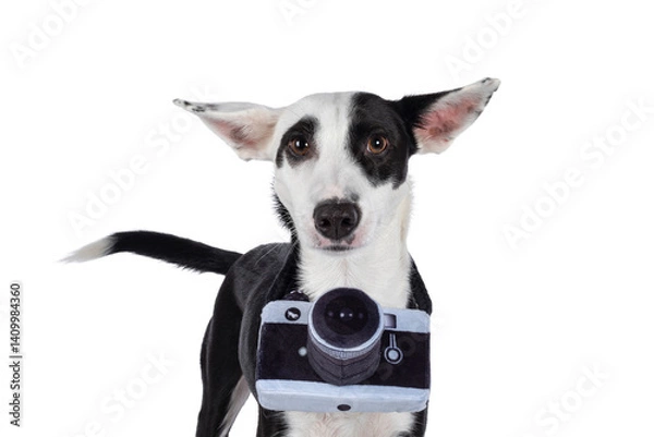 Obraz Cute black with white Podenco mix dog, standing facing front with toy photo camera around neck. Looking towards camera with ears flat. Isolated cutout on a transparent background.