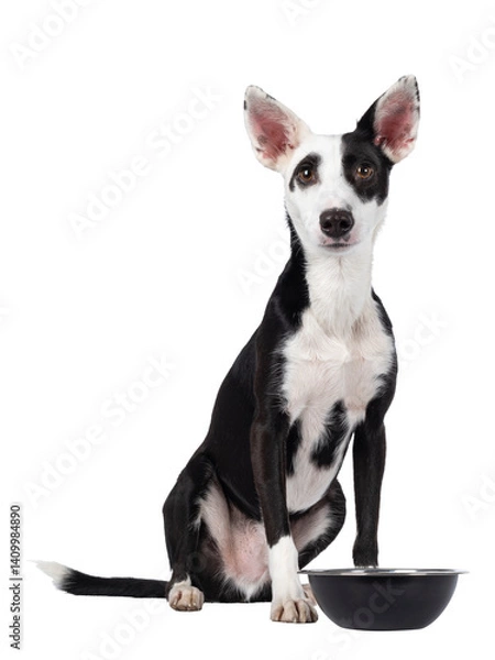 Obraz Handsome black with white Podenco mix dog, sitting up facing front beside food bowl. Looking towards camera. Isolated cutout on a transparent background.