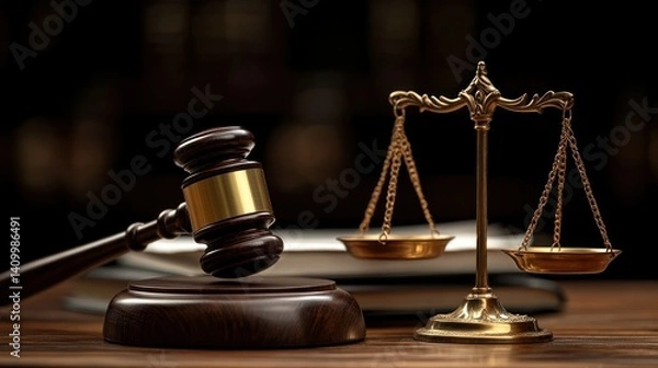 Obraz Justice scales and gavel on wooden table