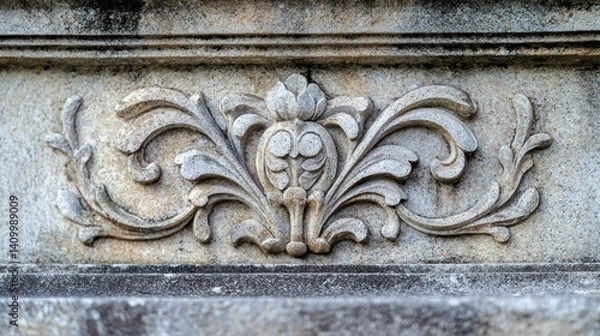 Fototapeta A close-up of a granite headstone with intricate carvings in a quiet graveyard