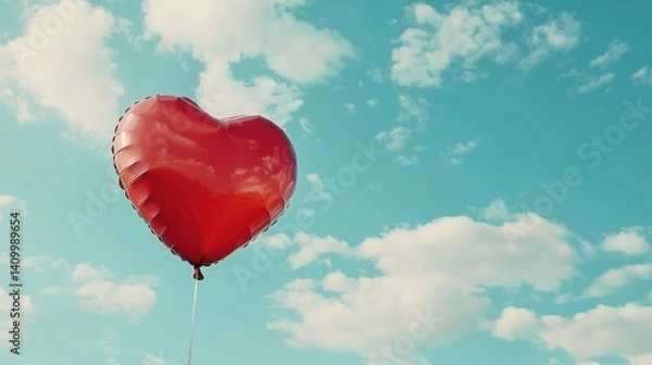 Obraz A close-up of a red heart-shaped balloon floating in the sky