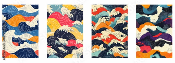 Fototapeta Vector pattern set of hand-drawn ukiyo-e waves in vibrant colors background