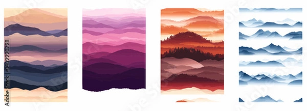 Fototapeta Vector pattern set of layered mountain landscapes fading into a misty background