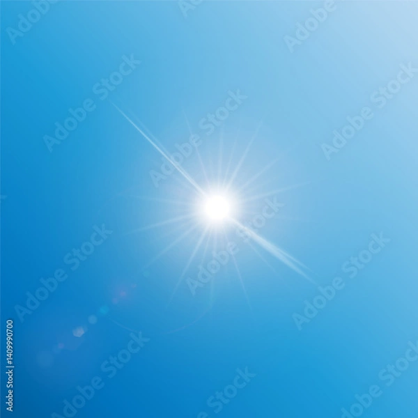 Fototapeta The sun shining brightly in the clear blue sky creates a spectacular lens flare and rays of light radiating outwards. EPS10 vector illustration. 