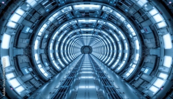Fototapeta Exploring future technology high-tech tunnel sci-fi environment digital art futuristic viewpoint