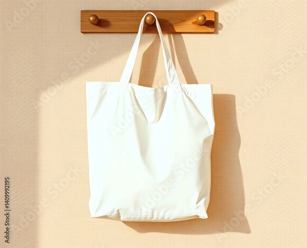 Obraz Brightly lit minimalist space showcasing a simple white tote bag hanging on a wooden hook against a soft wall