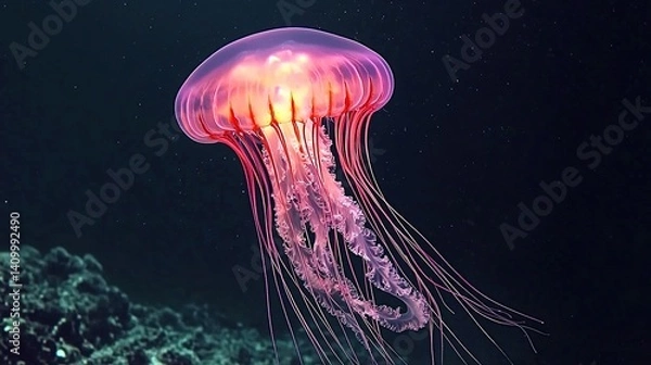 Fototapeta Glowing jellyfish drift underwater realm cinematic capture deep ocean close-up marine life