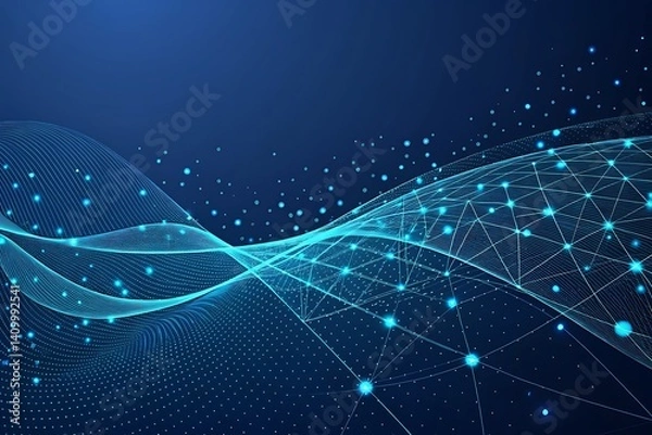 Fototapeta Futuristic Digital Network – Glowing Blue Mesh of Connected Nodes on a Virtual Grid