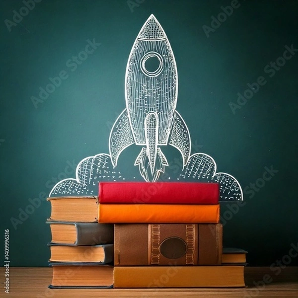 Obraz Eine Kreidezeichnung einer startenden Rakete auf der Schultafel über einem Bücherstapel (Kozept Schulbildung)