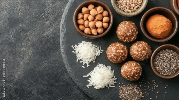 Fototapeta Top view of protein balls rolled in coconut, cacao, and chia on a slate plate