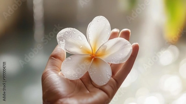 Obraz A hand holding a flower with delicate petals against a blurred background