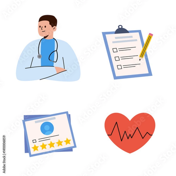 Obraz  medical services illustration set. A doctor, writing on a clipboard, healthcare character. flat design illustration, muted tones. clipboard with stethoscope, medical check form report, health checkup