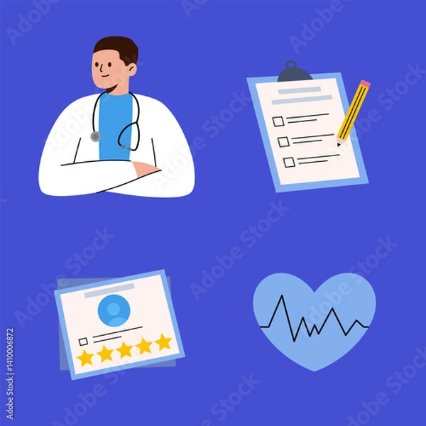Obraz  medical services illustration set. A doctor, writing on a clipboard, healthcare character. flat design illustration, muted tones. clipboard with stethoscope, medical check form report, health checkup