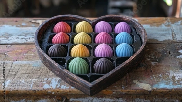 Fototapeta A heart-shaped box filled with colorful chocolates, placed on a table