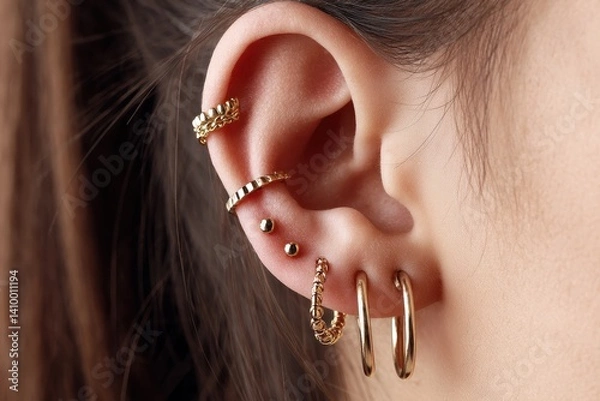 Fototapeta An image showcasing multiple ear piercings, including a rook, daith, and snug, with various sizes of hoops and studs