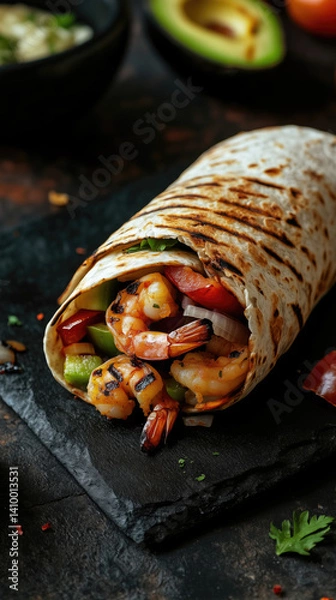 Fototapeta A grilled shrimp and vegetable wrap sliced and placed on a plate for a colorful and tasty bite