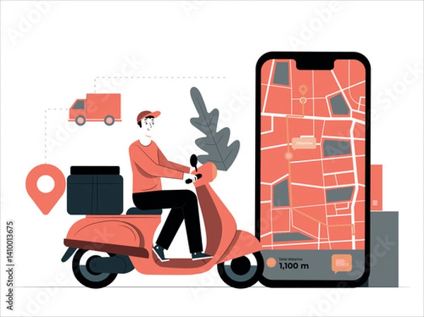 Fototapeta Swift Delivery Service: A graphic portrayal of rapid urban logistics unfolds, depicting a courier navigating a scooter with unwavering focus.