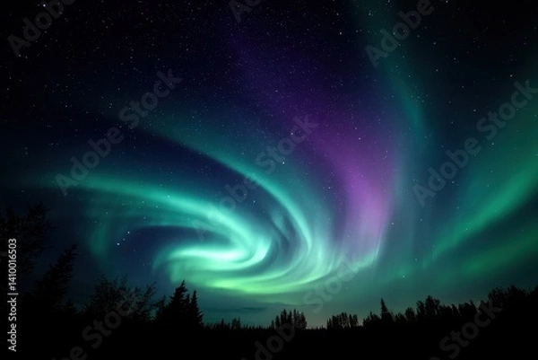 Fototapeta Aurora Shaped Like a Spiral A spiraling aurora borealis pattern with deep greens and purples swirling overhead.