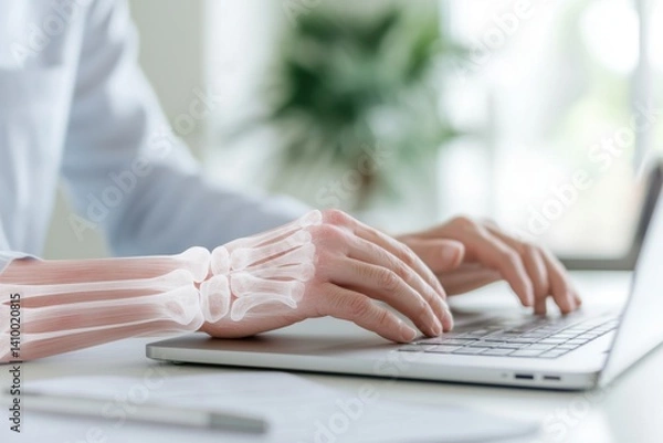 Fototapeta A person working at a computer suffers from wrist pain caused by repetitive typing. The scene illustrates strain, poor ergonomics, and potential early signs of carpal tunnel syndrome