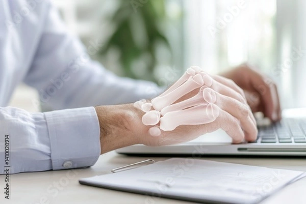 Fototapeta A person working at a computer suffers from wrist pain caused by repetitive typing. The scene illustrates strain, poor ergonomics, and potential early signs of carpal tunnel syndrome