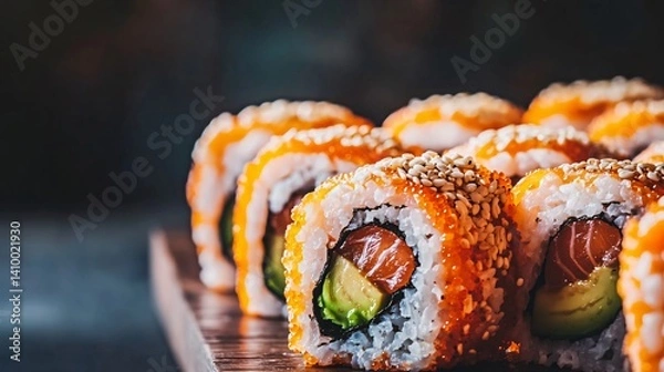 Fototapeta Ultra realistic close up of sushi rolls with salmon avocado and sesame on wooden table created with Generative AI technology
