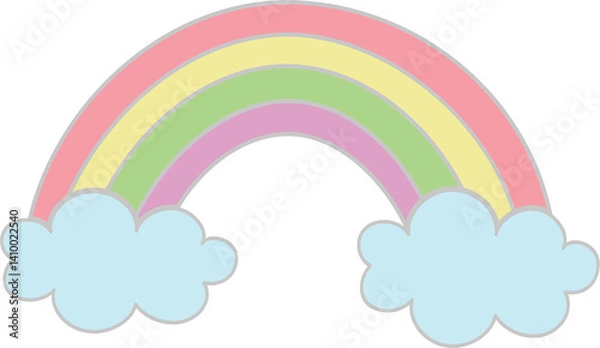 Fototapeta Simple colorful cute rainbow. Rainbow with two blue clouds isolated on white background, vector illustration.	