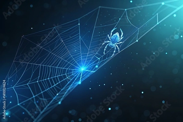 Obraz Futuristic Digital Network – Glowing Blue Mesh of Connected Nodes on a Virtual Grid