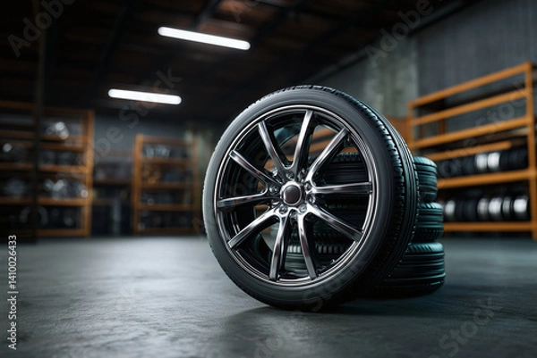 Fototapeta Car tire on a rim in a workshop. Auto service concept. Pile of new tires on a concrete floor.