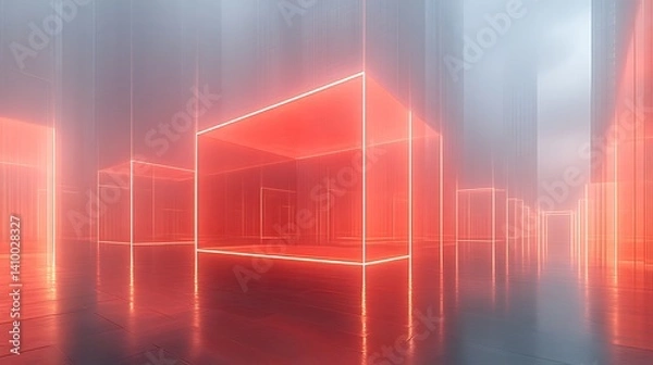 Fototapeta Abstract Red Neon Cubes in a Futuristic Space