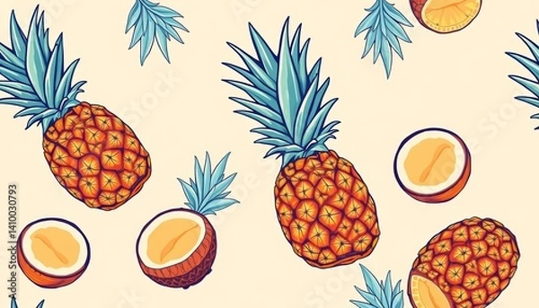 Fototapeta Subtle line art pineapple & coconut seamless pattern on muted background, illustration, backdrop