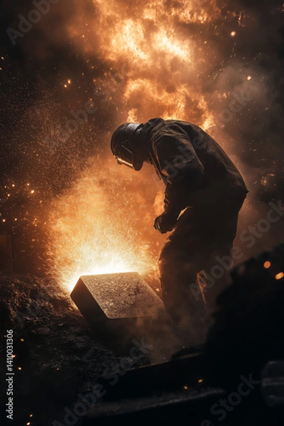 Fototapeta A foundry worker carefully monitoring the flow of molten metal into casting molds, fiery sparks and smoke creating a dramatic effect.