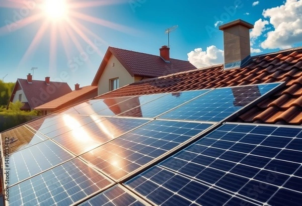 Fototapeta Sunlight illuminates solar panels on a European house roof , building, house