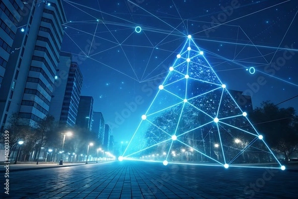 Obraz Futuristic Digital Network – Glowing Blue Mesh of Connected Nodes on a Virtual Grid
