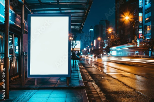 Fototapeta Empty billboard at bus stop lighting up the night
