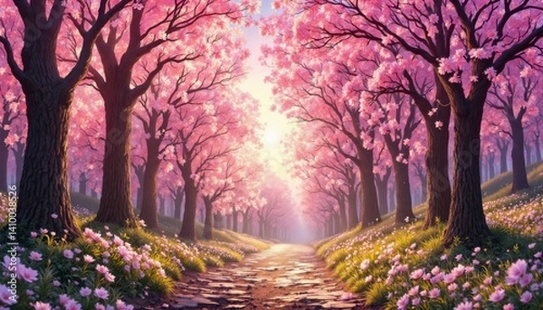 Fototapeta Blossoming cherry trees serene park nature scene vibrant environment dreamy perspective spring concept