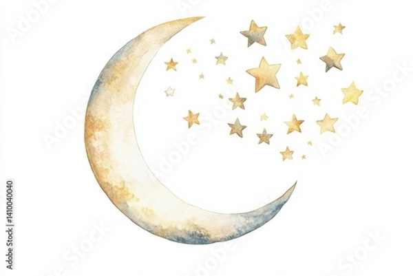 Fototapeta Watercolor crescent moon and stars (1)