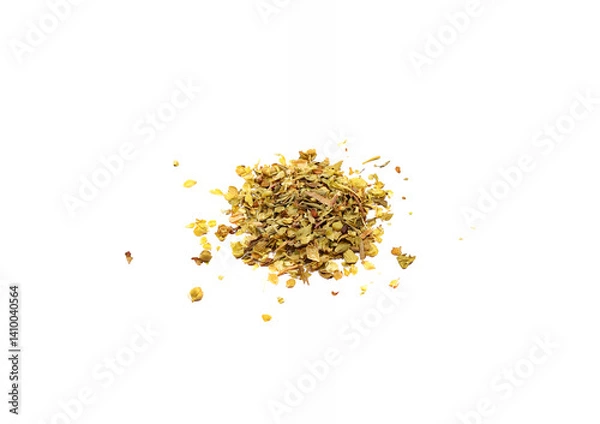 Obraz Heap of dry pizza spices (oregano, thyme, savory, basil, marjoram) isolated on a white background.