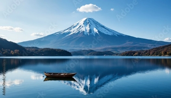 Fototapeta Tranquil boat ride on lake with mount fuji in background japan landscape photography serene environment wide angle view