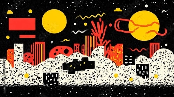 Fototapeta Abstract Cityscape with Celestial Bodies and Geometric Shapes