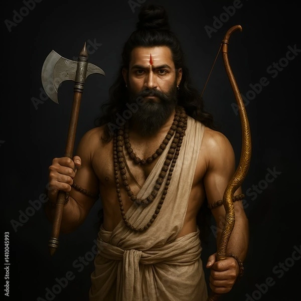 Obraz Parshuram jayanti poster design with a lord parshuram portrait holding an axe and bow.