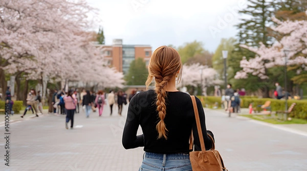 Fototapeta Back view of young woman walking in the city park with cherry blossoms
