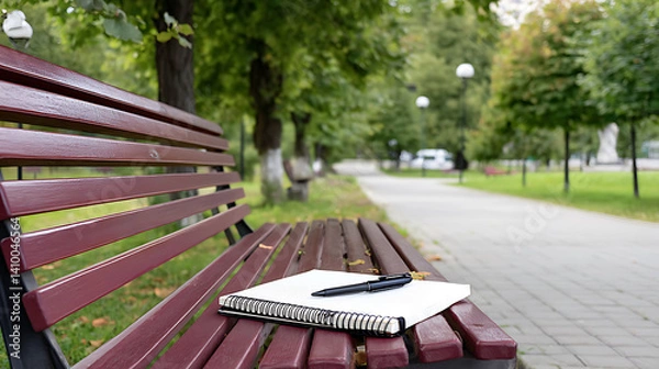 Fototapeta Notebook and pen on a wooden bench in the park in summer