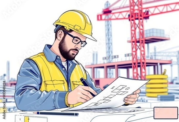 Obraz Construction site engineer at work, single-line drawing, abstract, architecture