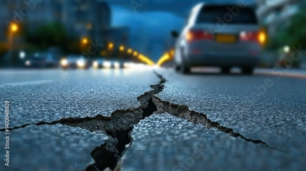 Fototapeta Earthquake impact busy city buildings Cracked road surface with a car in the background at dusk.