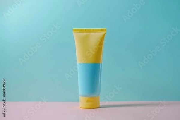 Fototapeta A light blue and yellow plastic tube of body lotion stands on the table, against a solid color background. 