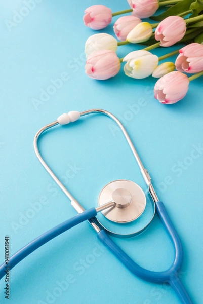 Fototapeta Chestpiece of medical stethoscope and bouquet of tulips on blue background. Vertical greeting card for Doctors or Nurses Day. Selective soft focus and copy space