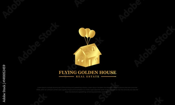 Fototapeta logomark, pictogram logo flying golden house with balloons.