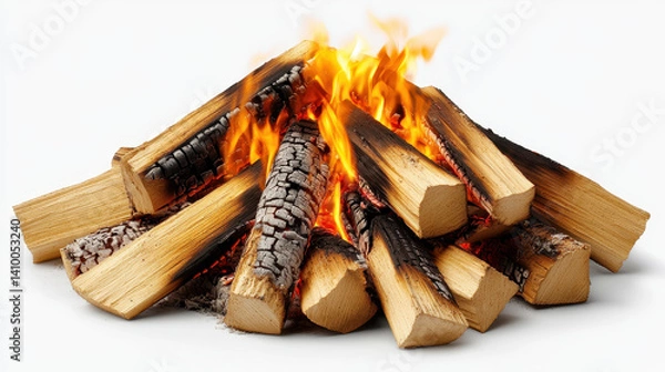 Fototapeta A vivid image showcasing bright flames erupting from a carefully arranged stack of logs. This scene captures the warmth and energy of an outdoor fire