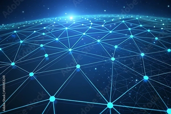 Fototapeta Futuristic Digital Network – Glowing Blue Mesh of Connected Nodes on a Virtual Grid